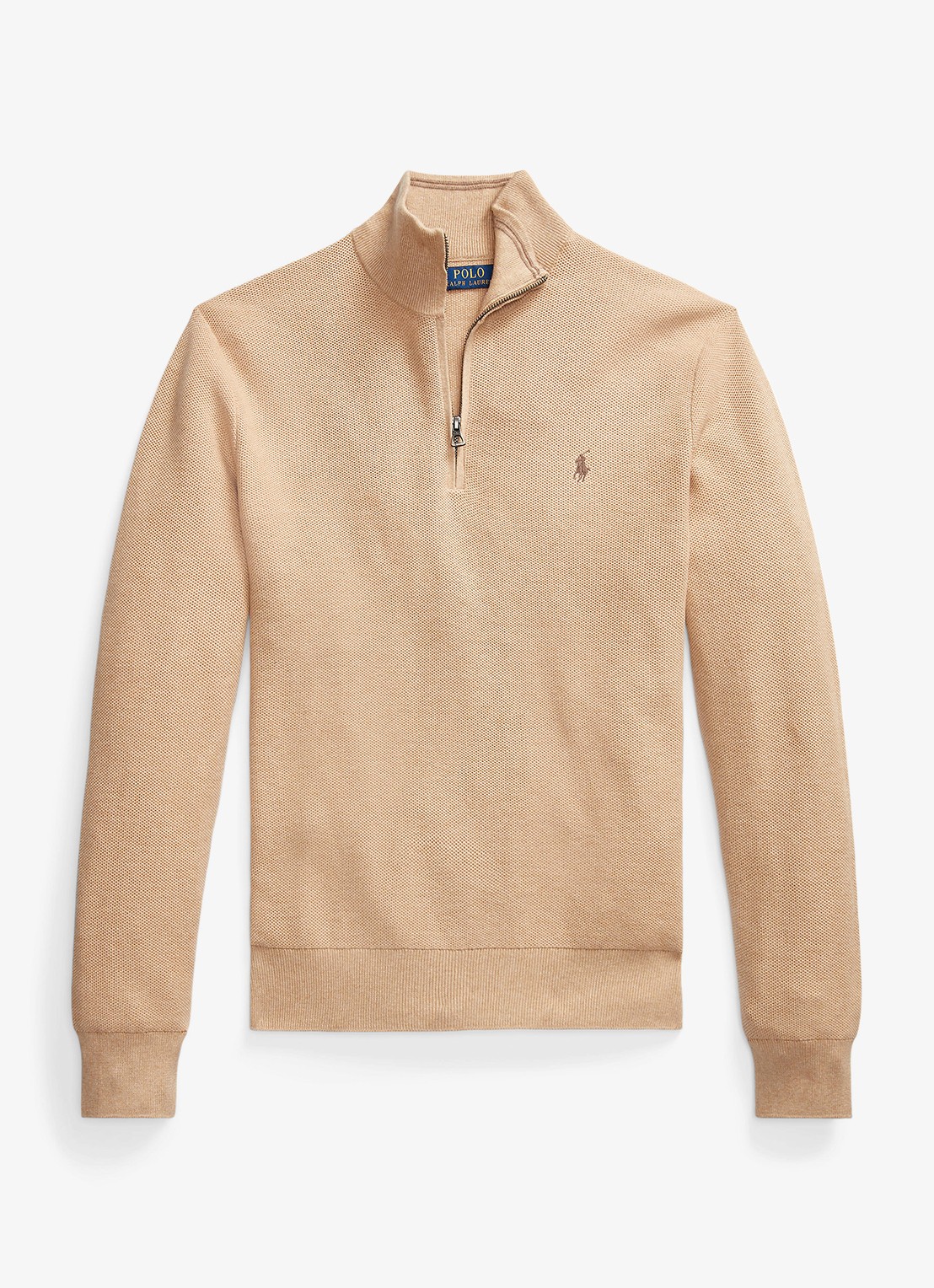 Ralph Lauren Fijngebreide pullover met halve rits en logoborduring - voorkant 4 camel melange / beige