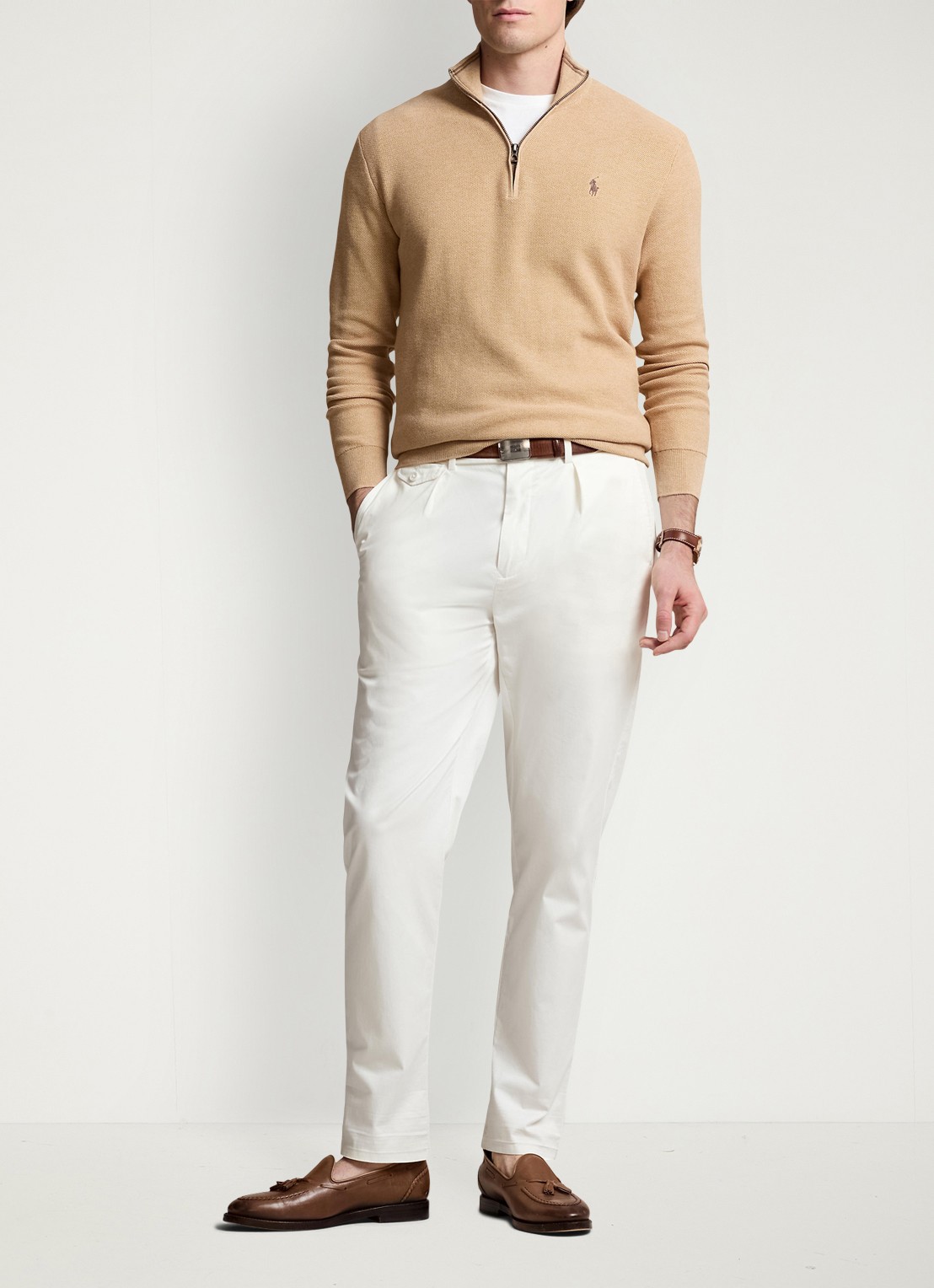 Ralph Lauren Fijngebreide pullover met halve rits en logoborduring - voorkant 5 camel melange / beige