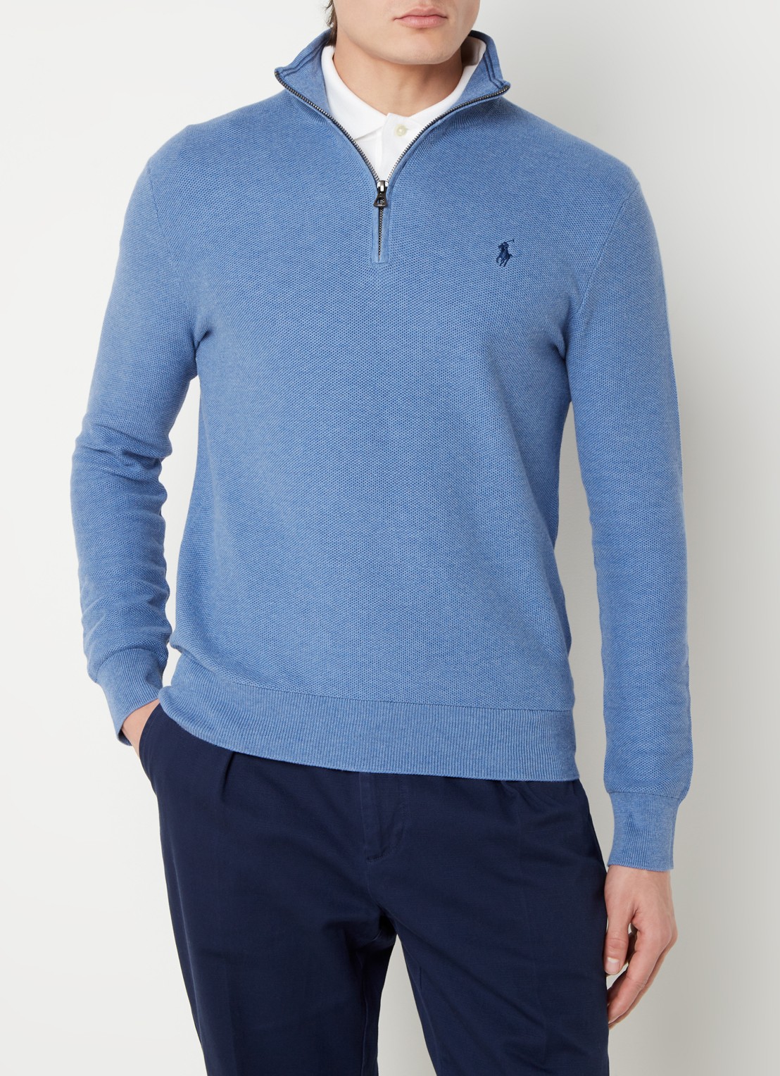 Ralph Lauren Fijngebreide pullover met halve rits en logoborduring - detail 3 blue stone hthr / blauw