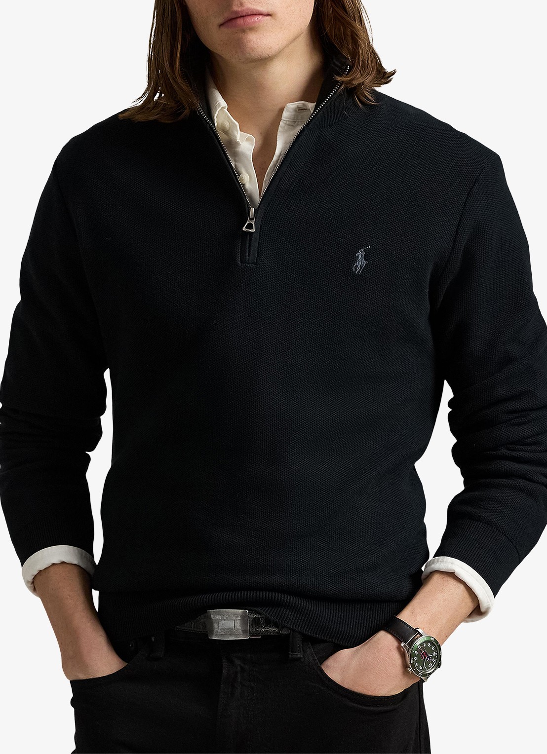 Ralph Lauren Fijngebreide pullover met halve rits en logoborduring - detail 4 polo black/tonal purple / zwart