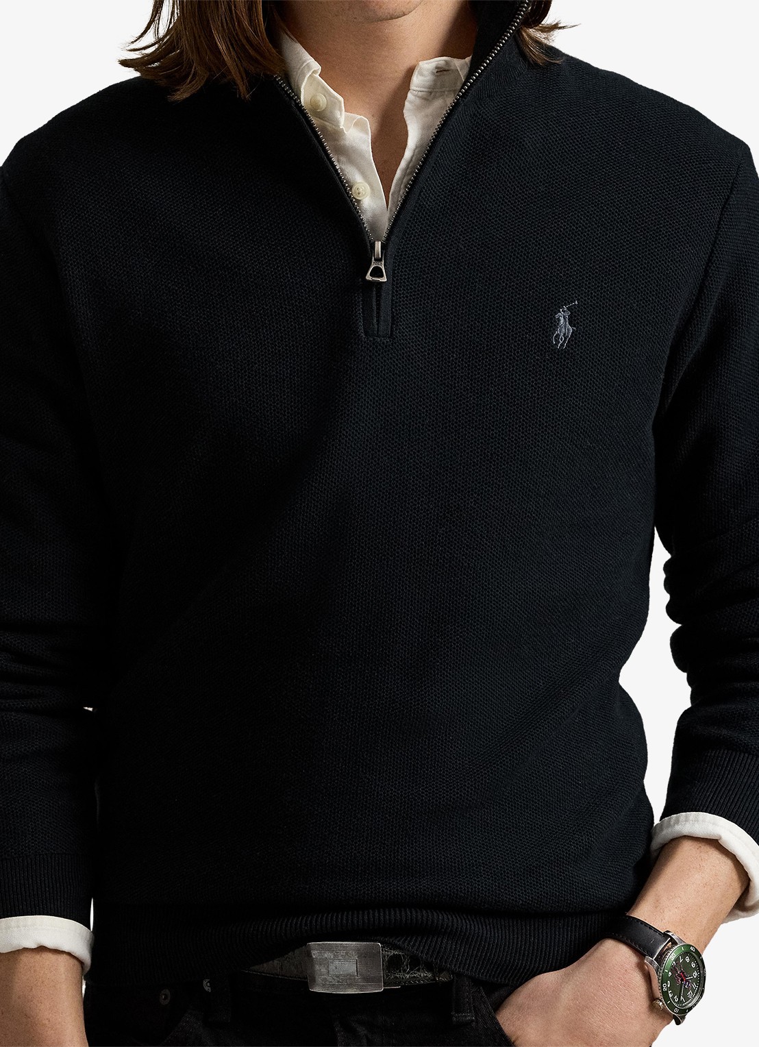 Ralph Lauren Fijngebreide pullover met halve rits en logoborduring - detail 5 polo black/tonal purple / zwart