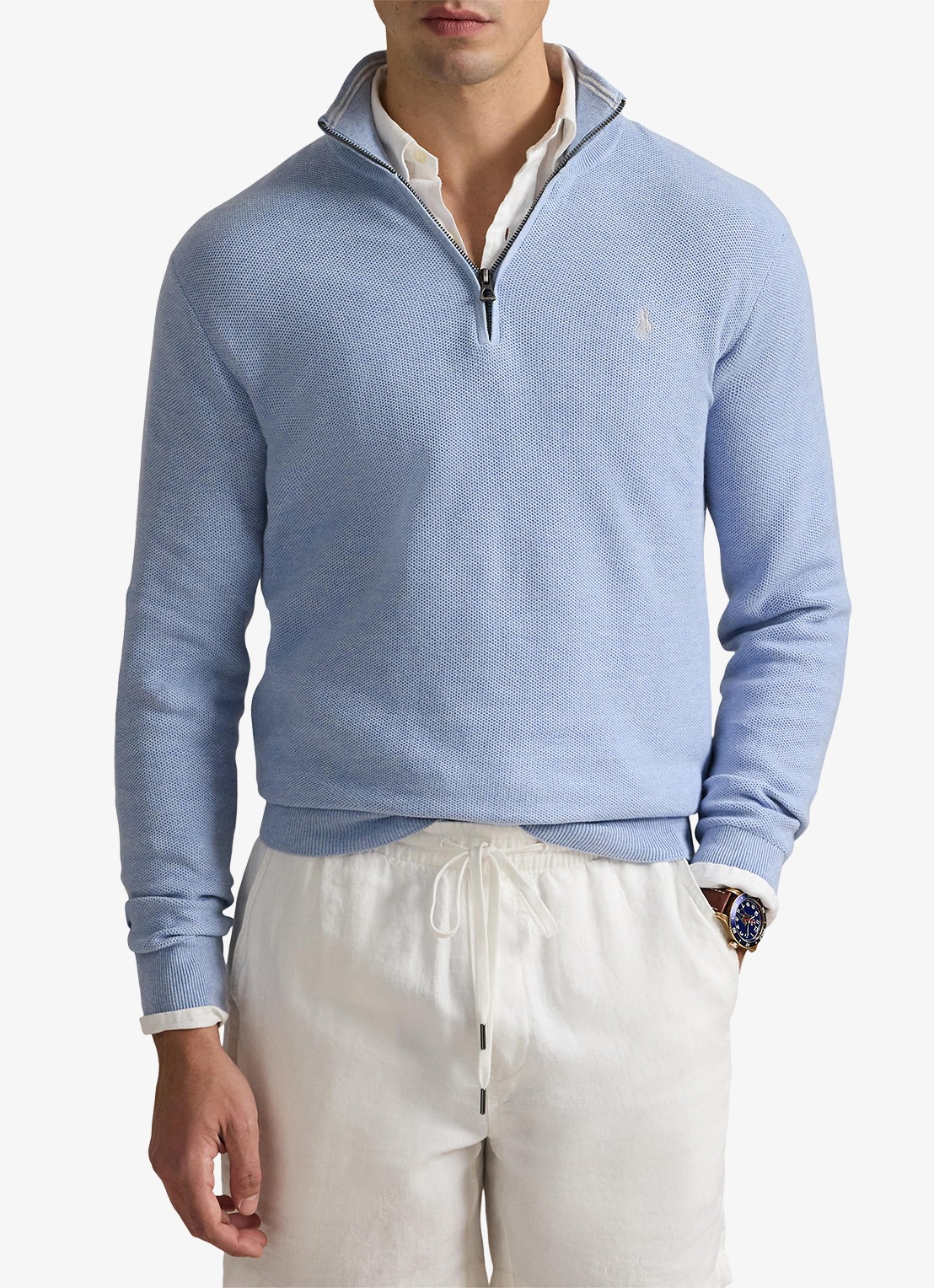 Ralph Lauren Fijngebreide pullover met halve rits en logoborduring - detail blue hyacinth heather / blauw