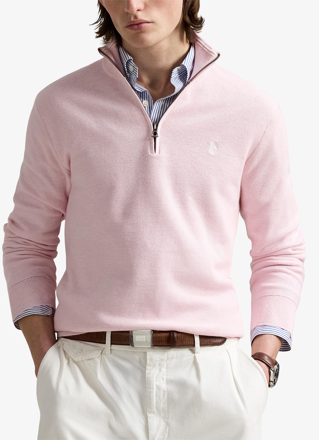 Ralph Lauren Fijngebreide pullover met halve rits en logoborduring - detail ballet pink heather / roze