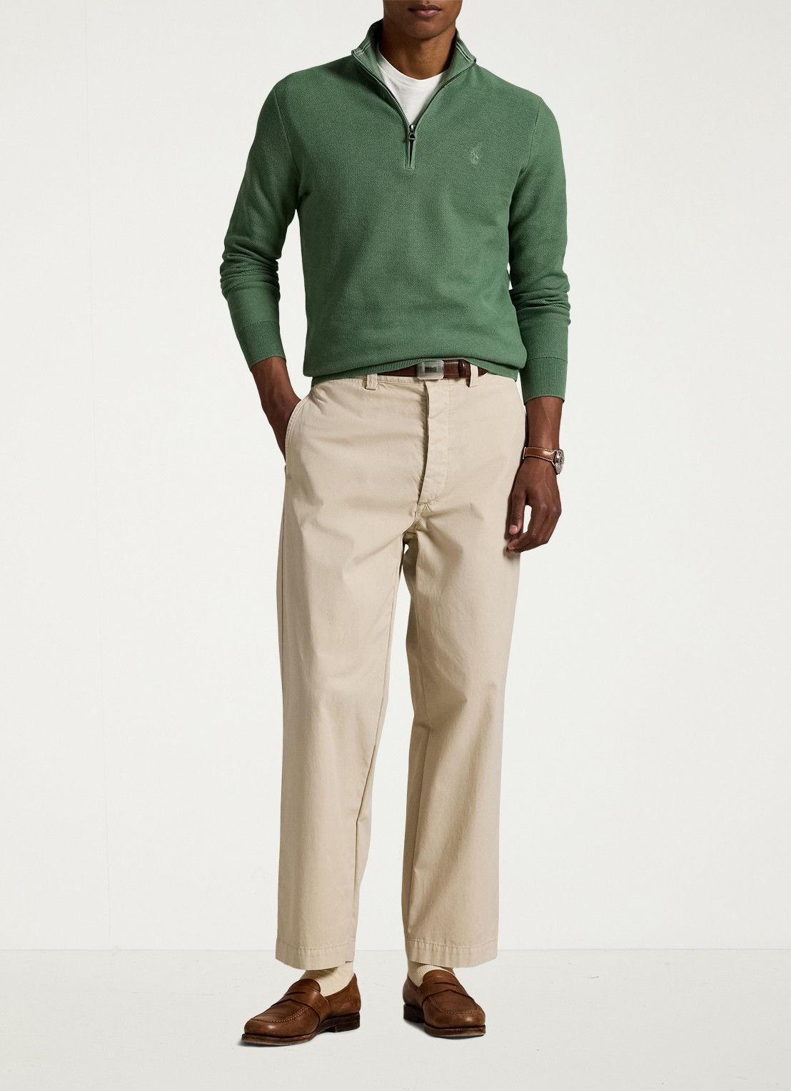 Ralph Lauren Fijngebreide pullover met halve rits en logoborduring - voorkant 5 fatigue / groen