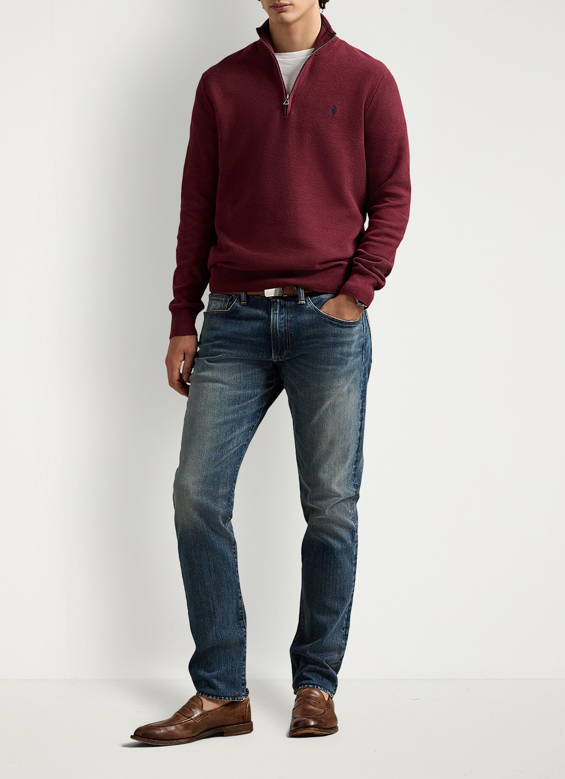 Ralph Lauren Fijngebreide pullover met halve rits en logoborduring - voorkant 2 red wine / wijnrood