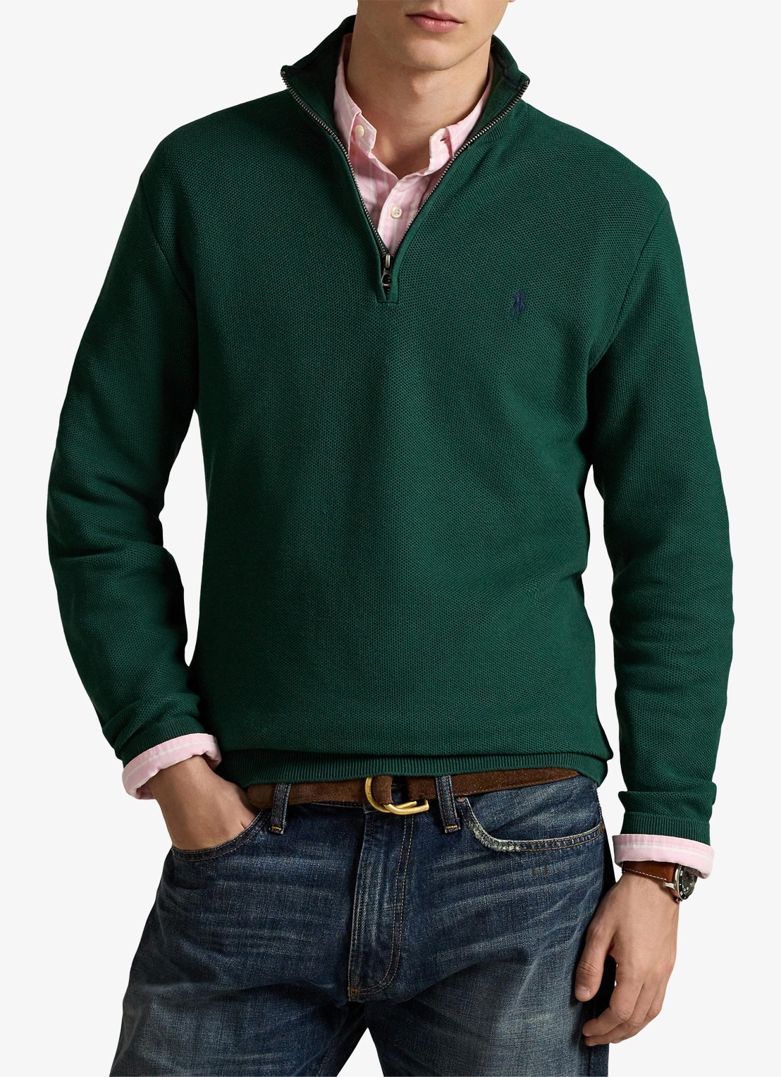 Ralph Lauren Fijngebreide pullover met halve rits en logoborduring - detail 4 groen