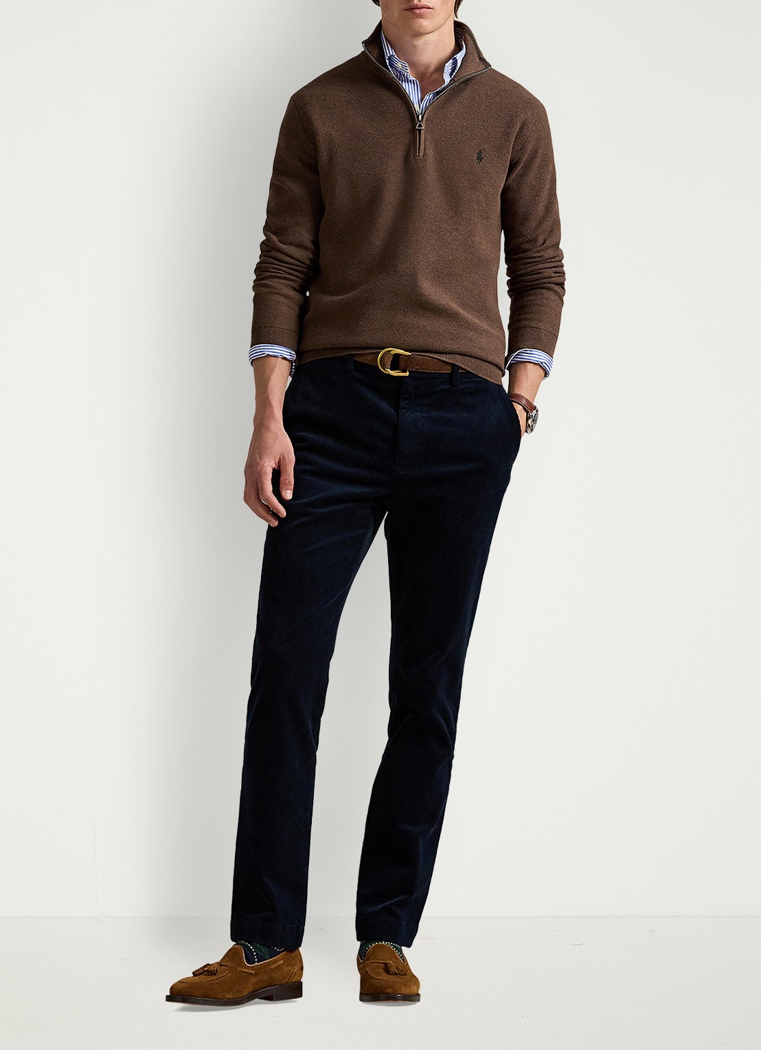 Ralph Lauren Fijngebreide pullover met halve rits en logoborduring - voorkant 2 nutmeg brown heather / bruin