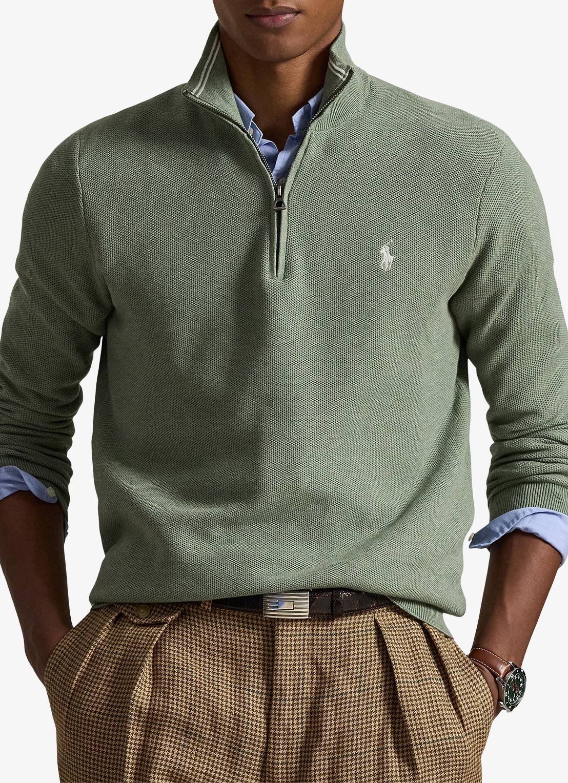 Ralph Lauren Fijngebreide pullover met halve rits en logoborduring - detail fern green heather / groen