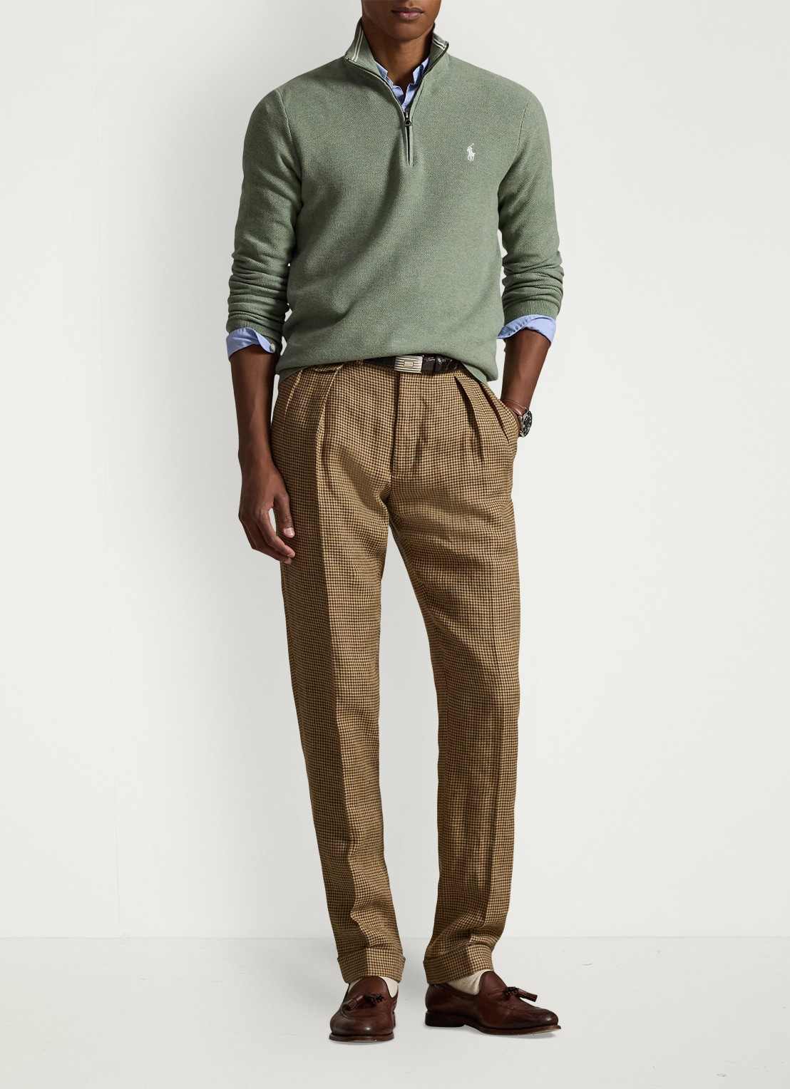 Ralph Lauren Fijngebreide pullover met halve rits en logoborduring - voorkant 5 fern green heather / groen
