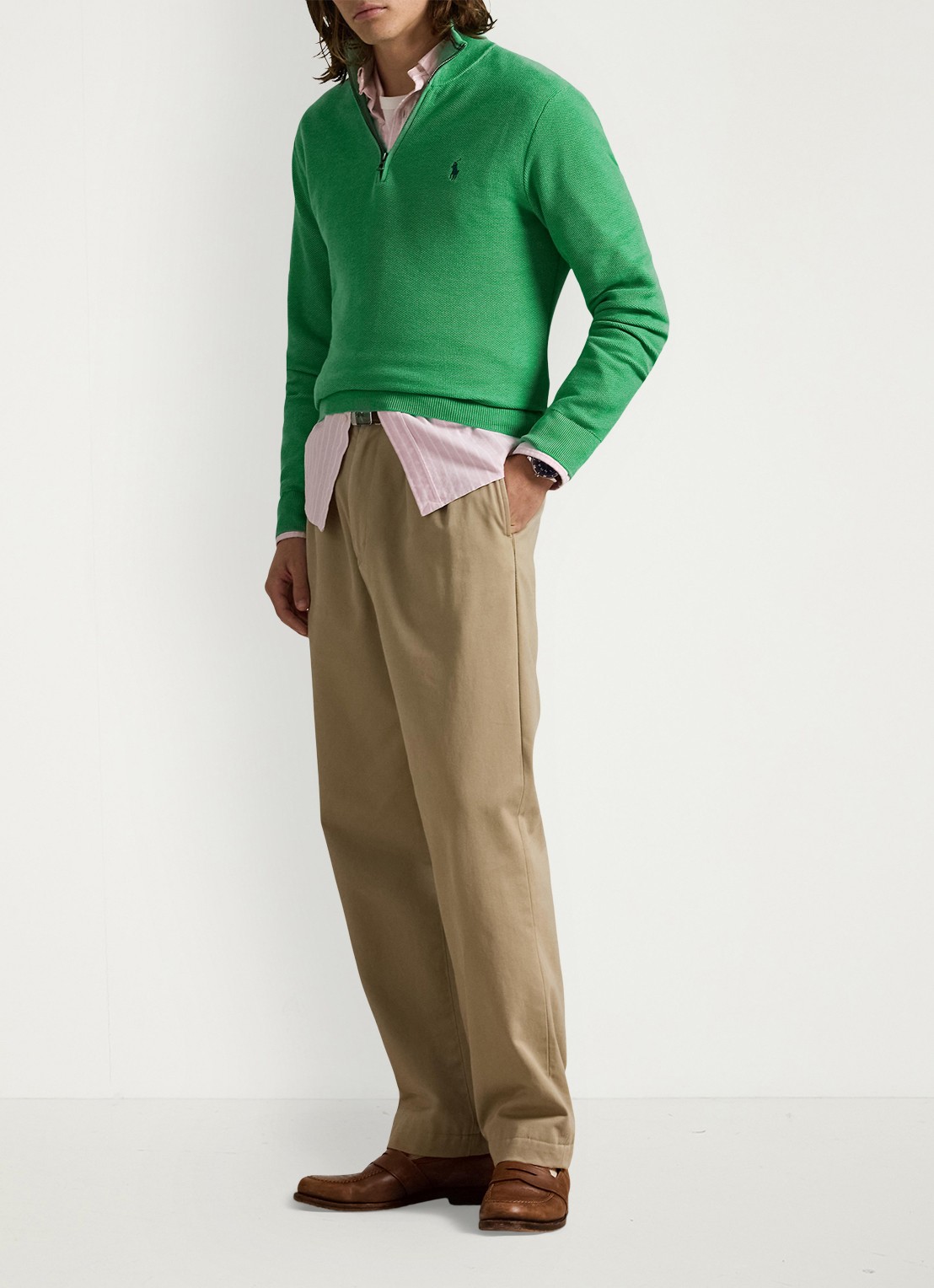 Ralph Lauren Fijngebreide pullover met halve rits en logoborduring - voorkant 3 palm green heather