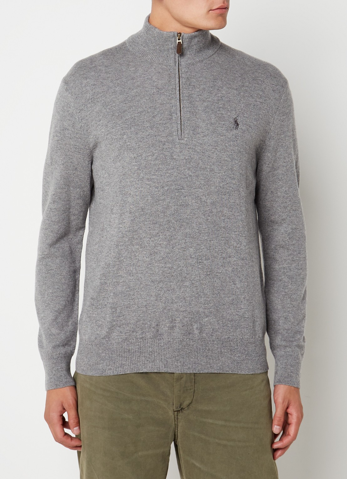 Ralph Lauren Fijngebreide pullover van wol met halve rits - detail fawn grey heather