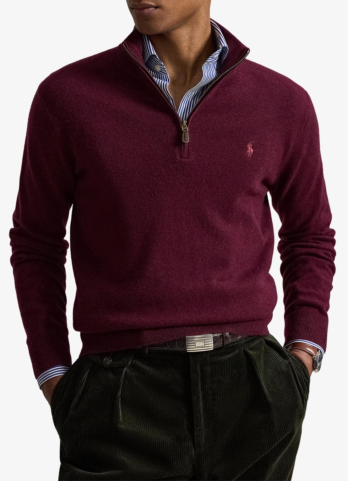 Ralph Lauren Fijngebreide pullover van wol met halve rits - voorkant 2 aged wine heather / wijnrood