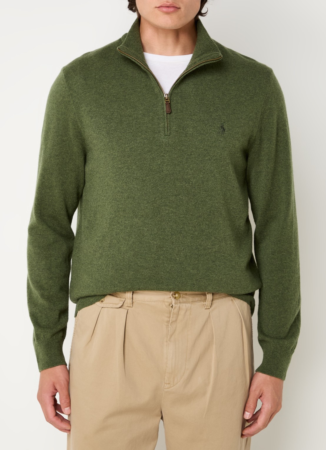 Ralph Lauren Fijngebreide pullover van wol met halve rits - detail bronsgroen