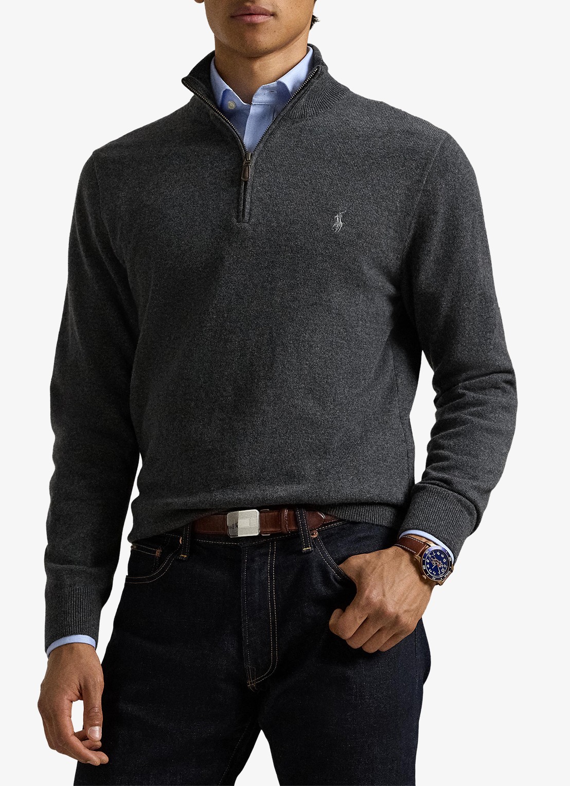 Ralph Lauren Fijngebreide pullover van wol met halve rits - voorkant 2 dark charcoal heather / donkergrijs