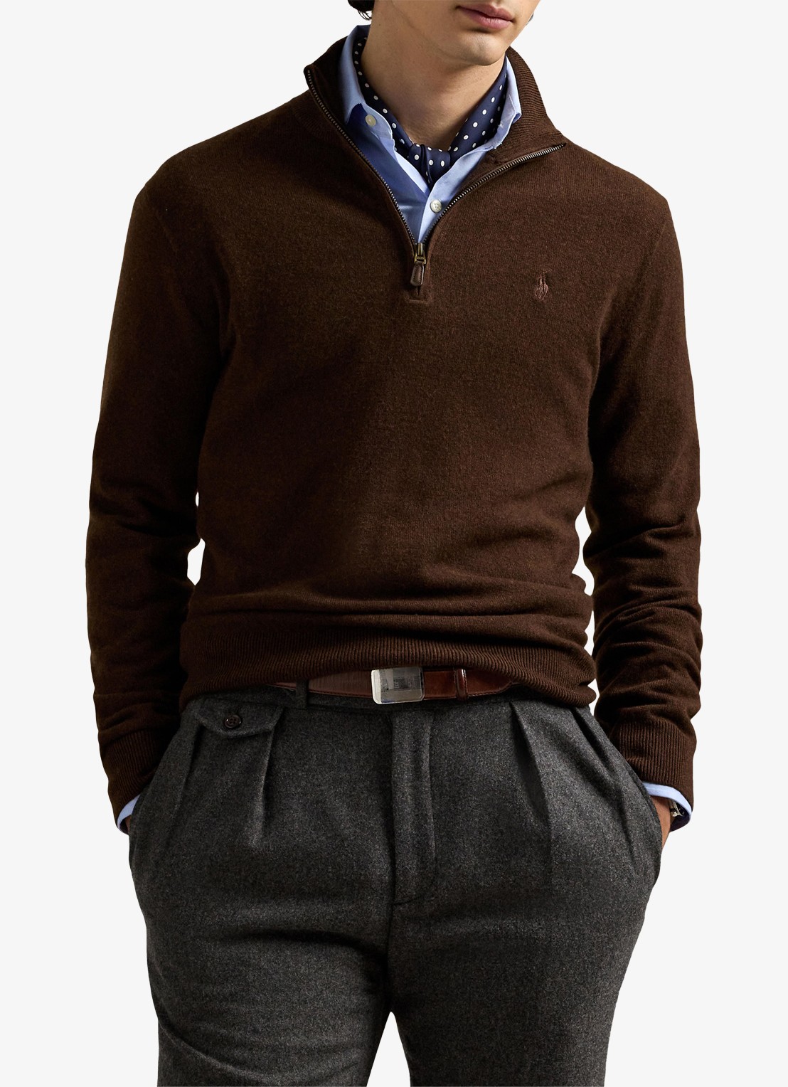 Ralph Lauren Fijngebreide pullover van wol met halve rits - detail cacao brown heather / brown