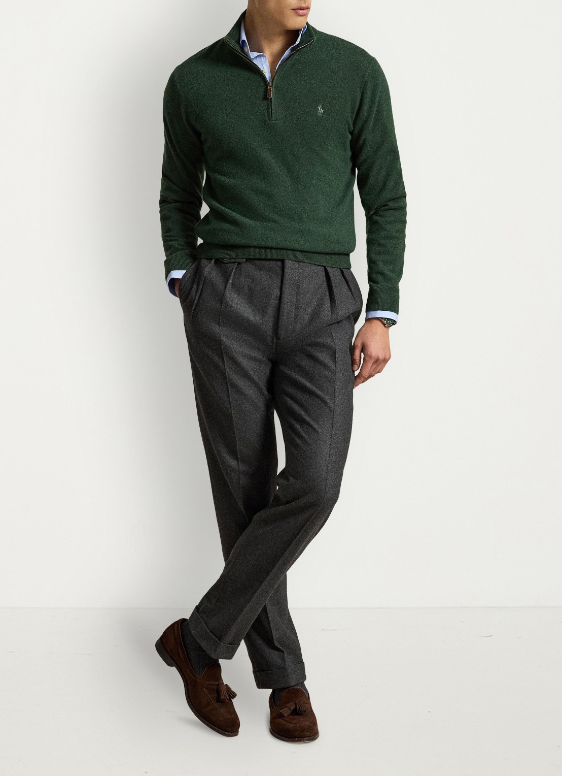 Ralph Lauren Fijngebreide pullover van wol met halve rits - detail 4 lodgepole pine heather / groen