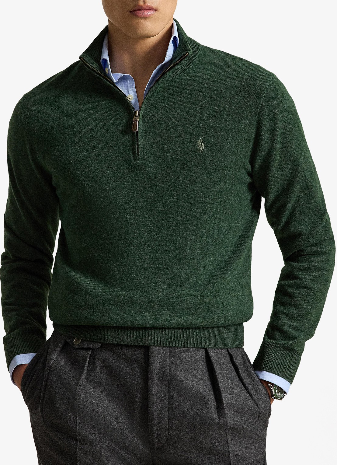 Ralph Lauren Fijngebreide pullover van wol met halve rits - voorkant 2 lodgepole pine heather / groen