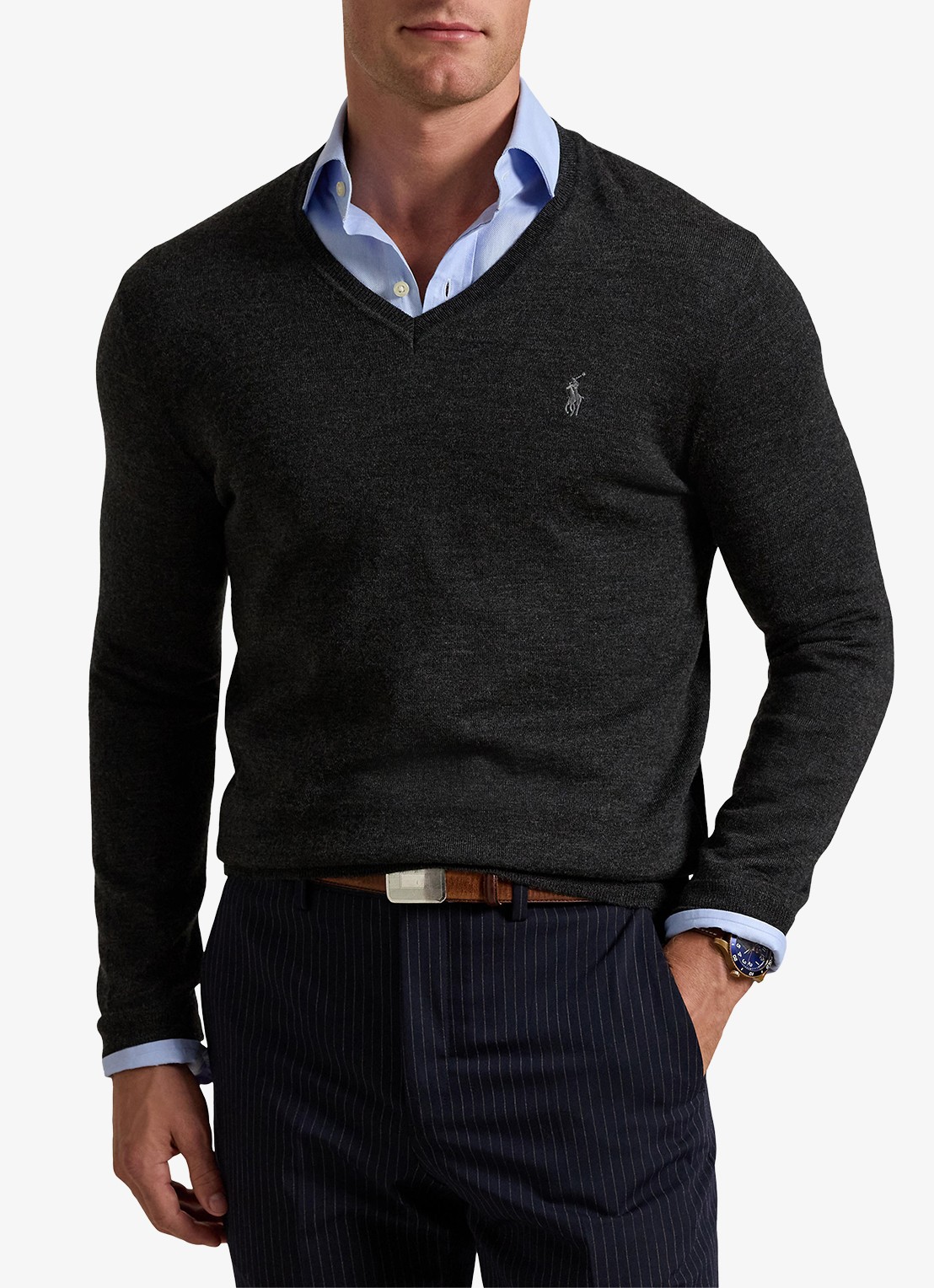 Ralph Lauren Fijngebreide pullover van wol met logoborduring - detail dark granite hthr / donkergrijs