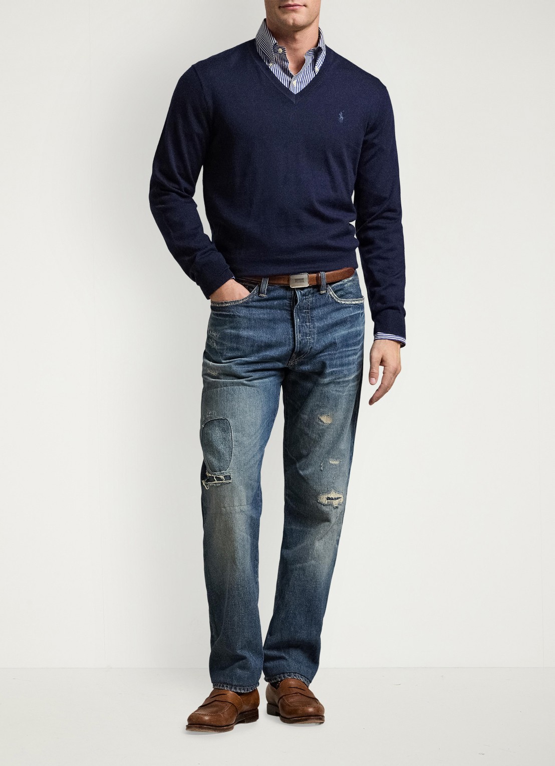 Ralph Lauren Fijngebreide pullover van wol met V-hals - detail 3 blauw
