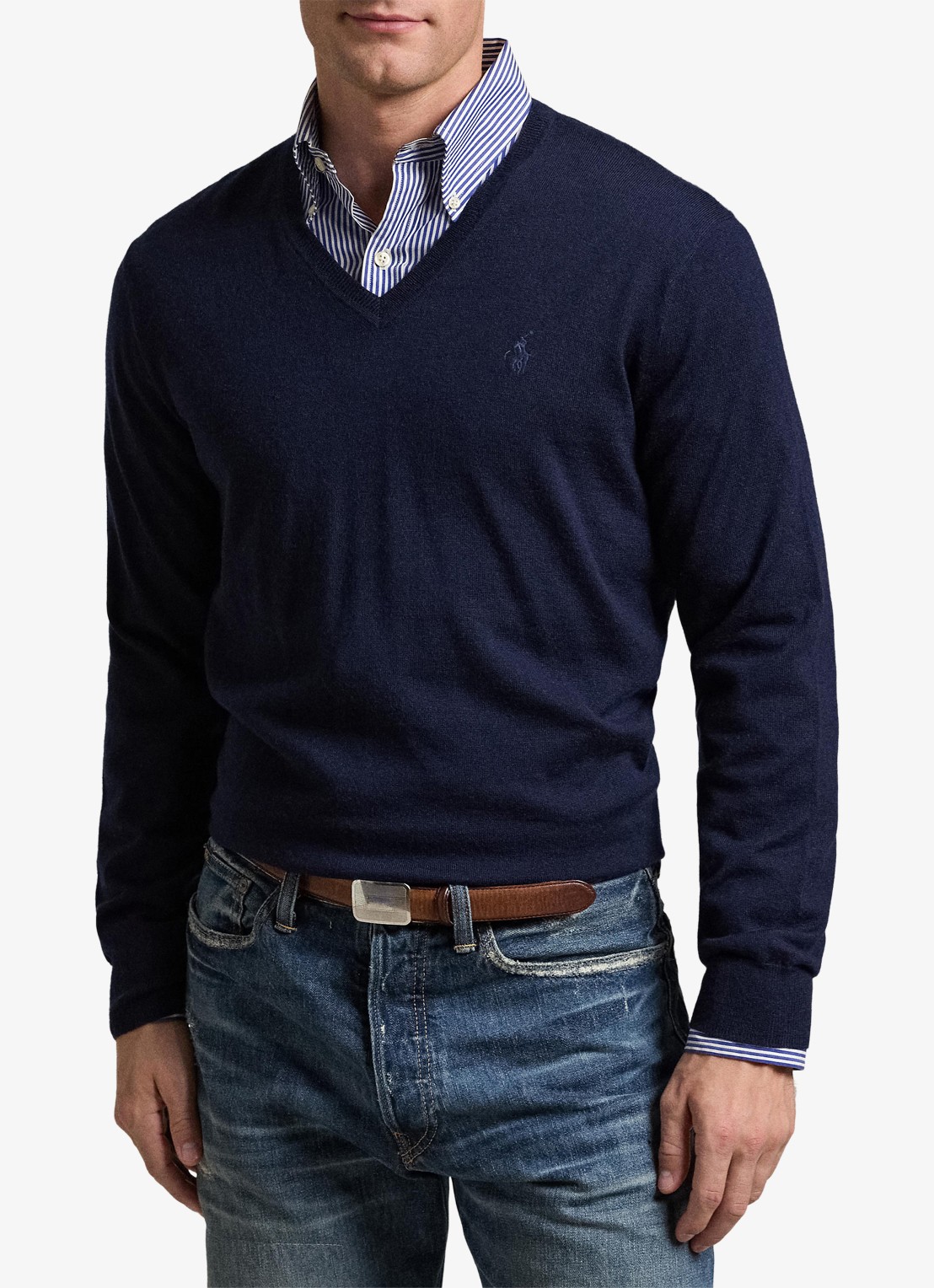 Ralph Lauren Fijngebreide pullover van wol met V-hals - voorkant 2 blauw