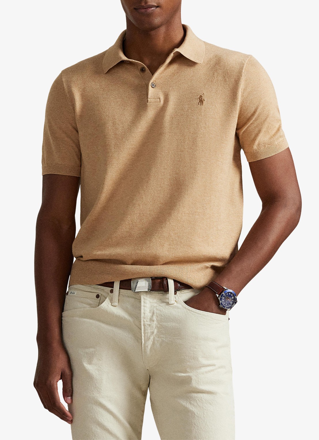 Ralph Lauren Fijngebreide slim fit polo met logo - voorkant 2 camel melange / camel