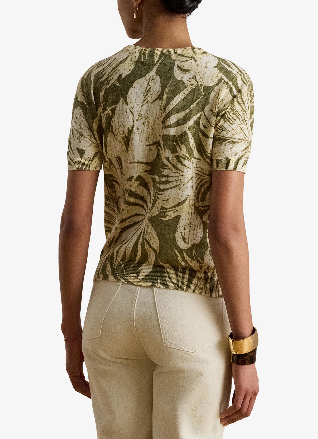 Ralph Lauren Fijngebreide top in linnenblend met bladprint - achterkant olive multi / groen