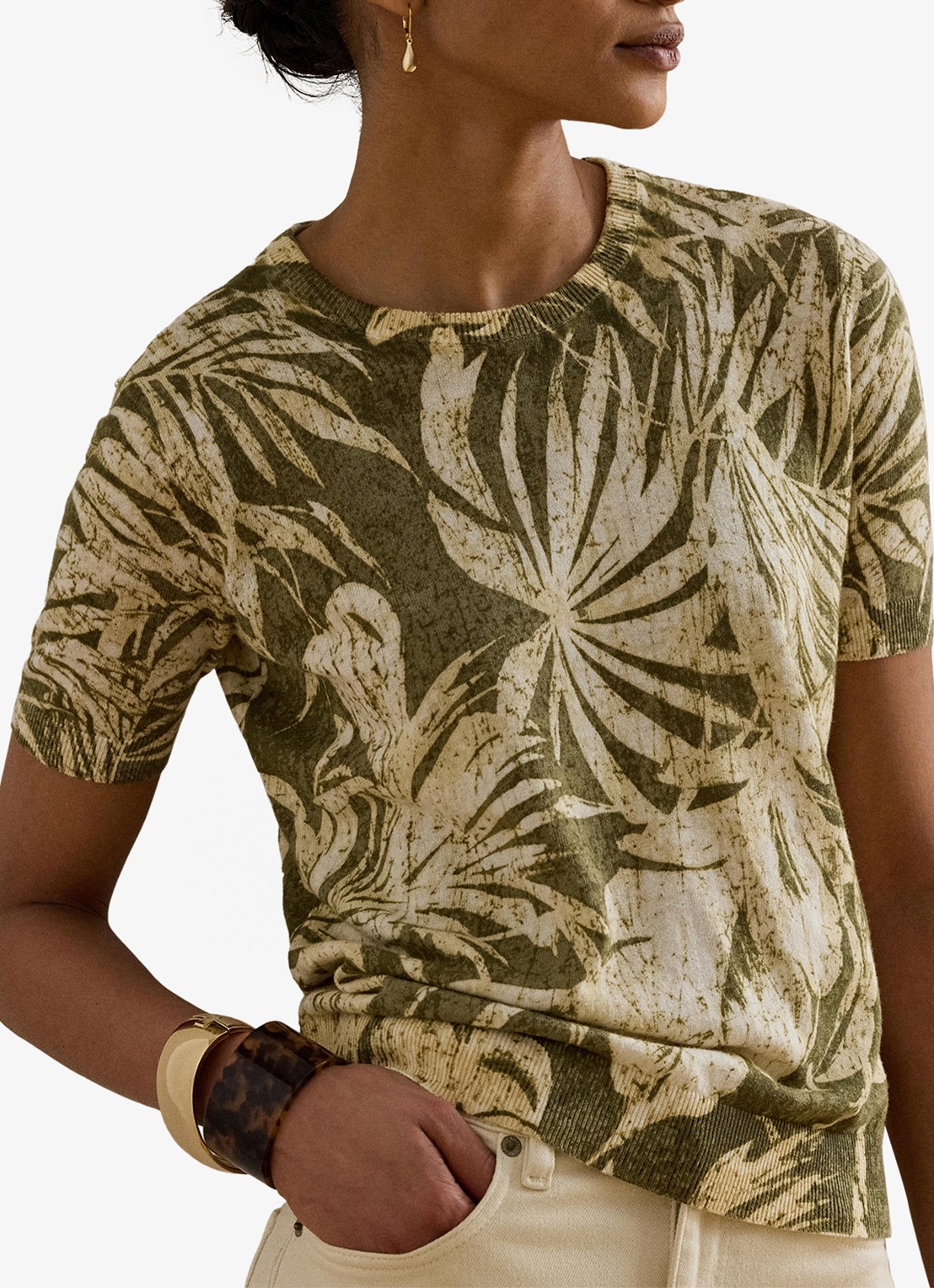Ralph Lauren Fijngebreide top in linnenblend met bladprint - detail 5 olive multi / groen