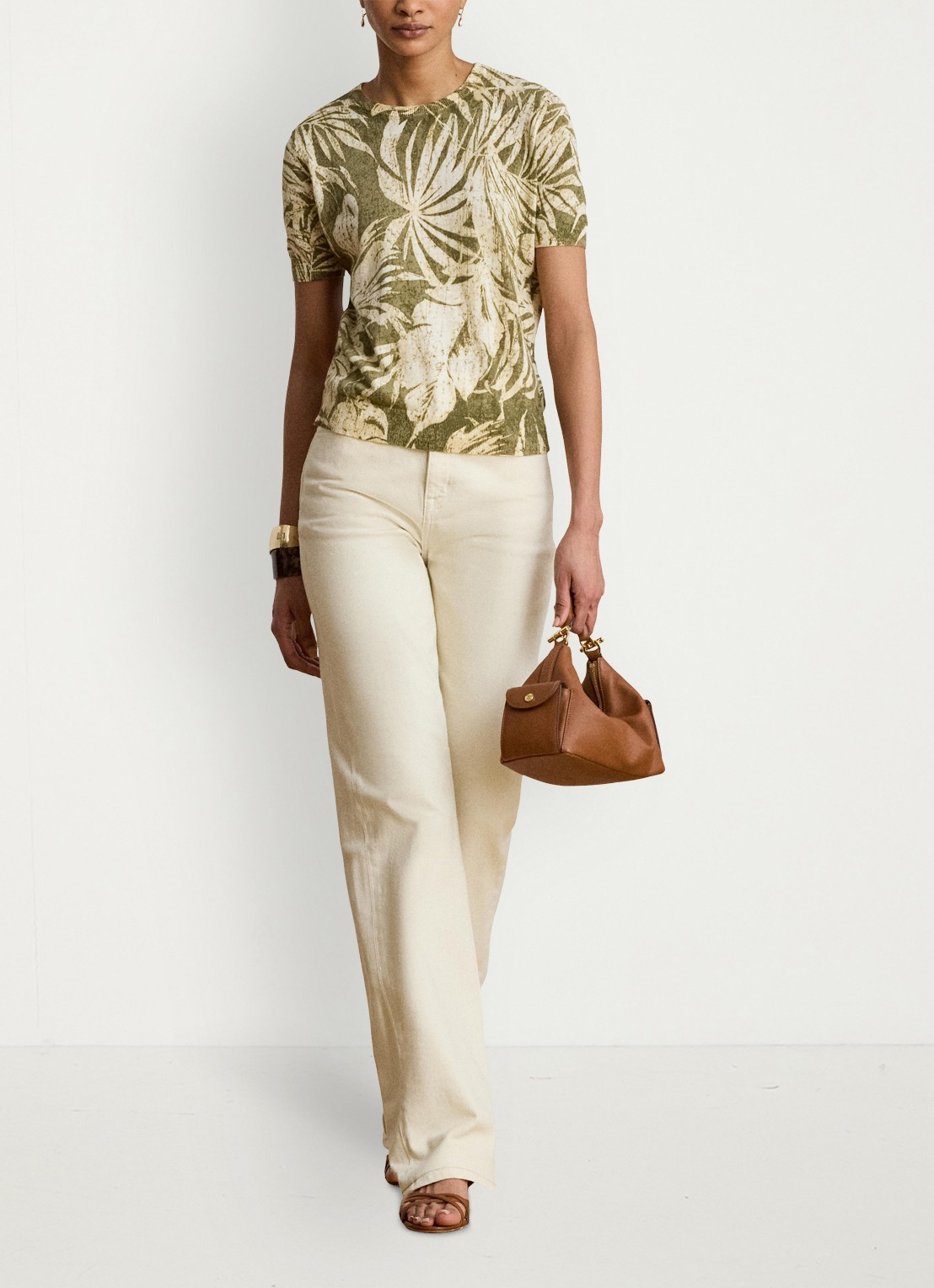 Ralph Lauren Fijngebreide top in linnenblend met bladprint - voorkant 3 olive multi / groen
