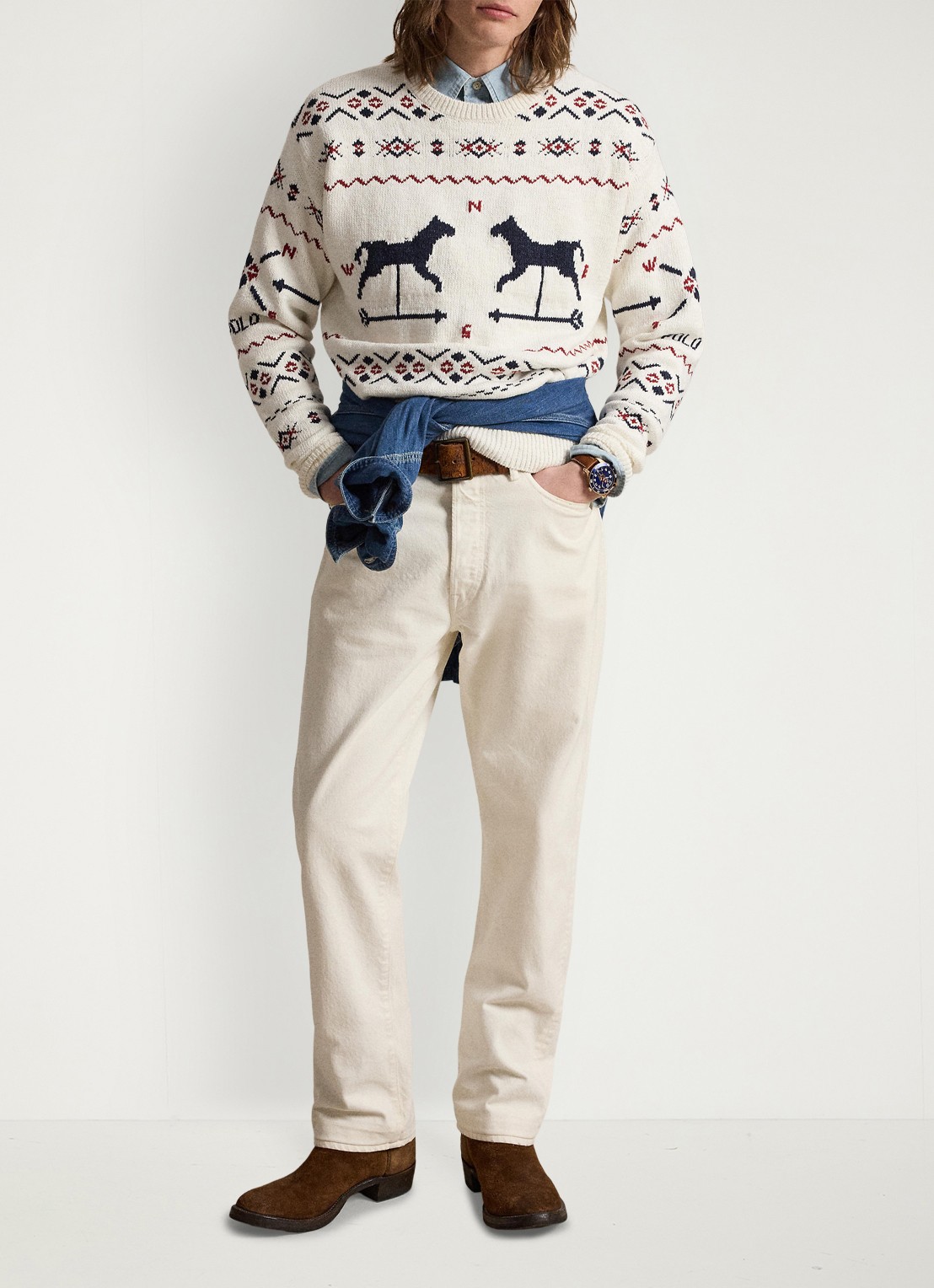 Ralph Lauren Fijngebreide trui in linnenblend met ingebreid patroon - voorkant 5 cream combo / creme