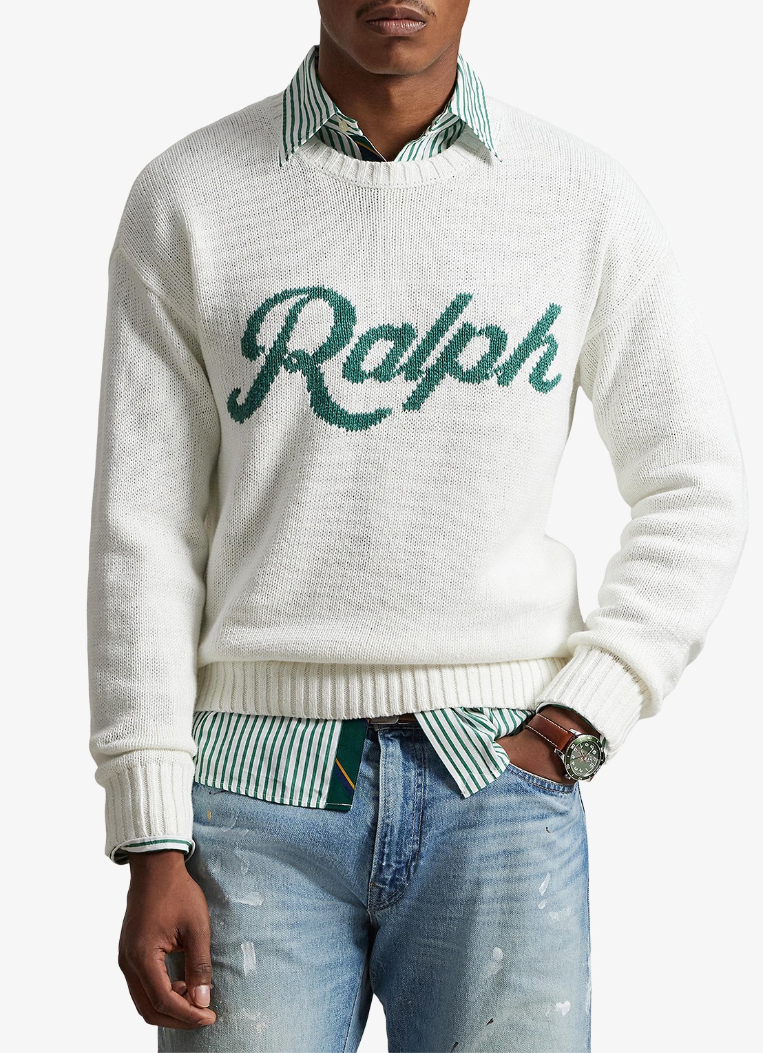 Ralph Lauren Fijngebreide trui in linnenblend met logoprint - detail deckwash white combo-40jm