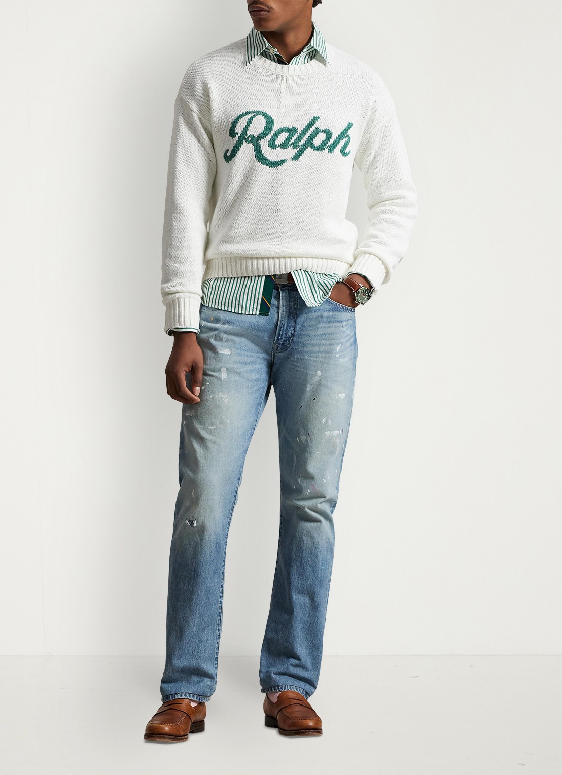 Ralph Lauren Fijngebreide trui in linnenblend met logoprint - voorkant 4 deckwash white combo-40jm