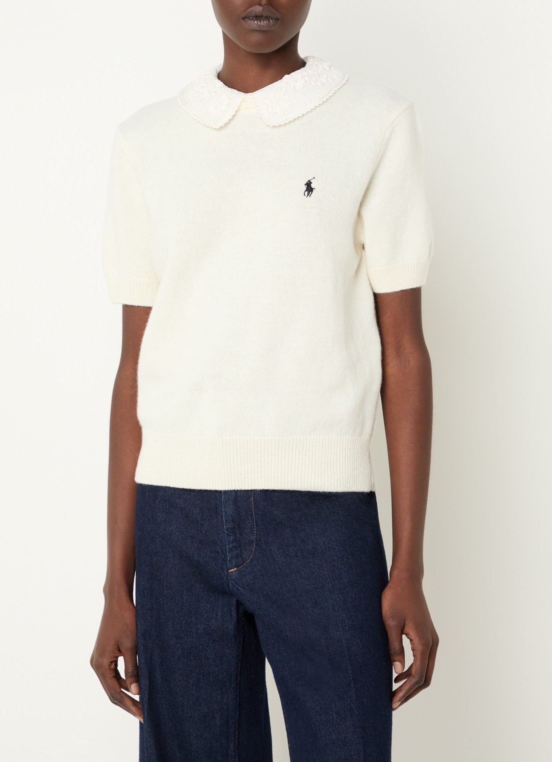 Ralph Lauren Fijngebreide trui in wolblend met kraag van kant - detail gebroken wit