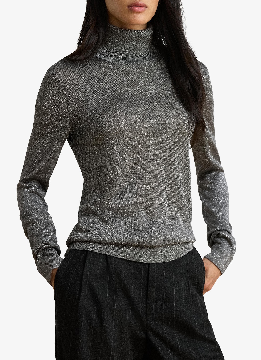 Ralph Lauren Fijngebreide trui met col en metallic finish - detail black/silver metallic / zwart/zilver
