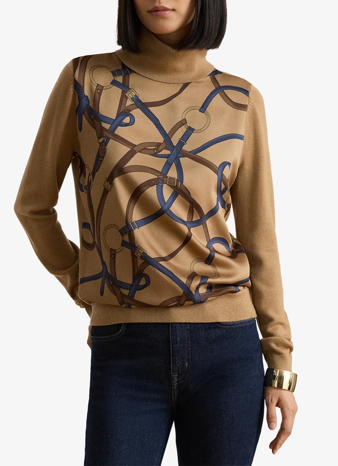 Ralph Lauren Fijngebreide trui met col en print - voorkant 5 camel multi / beige