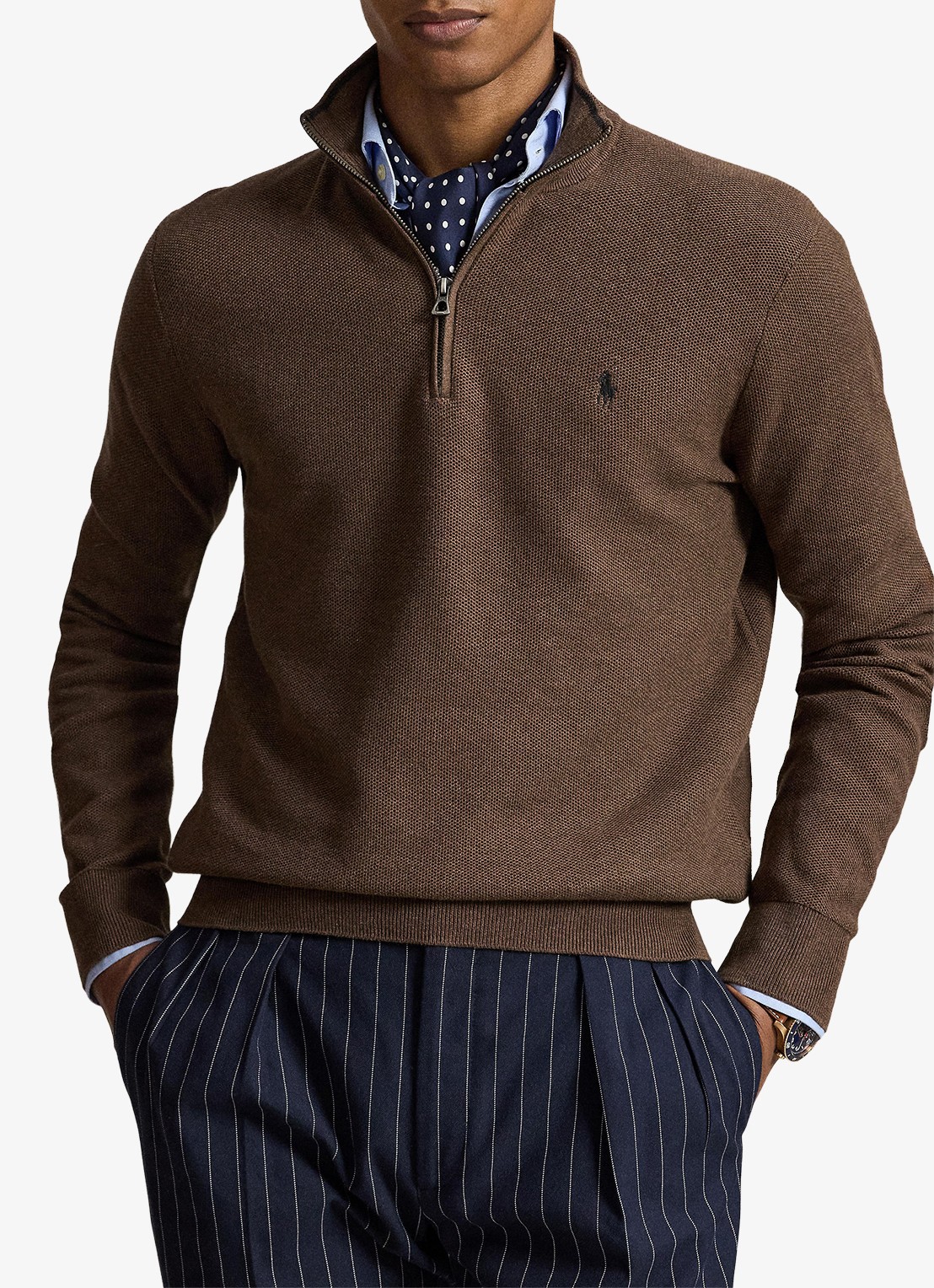 Ralph Lauren Fijngebreide trui met halve rits en logoborduring - detail nutmeg brown / bruin