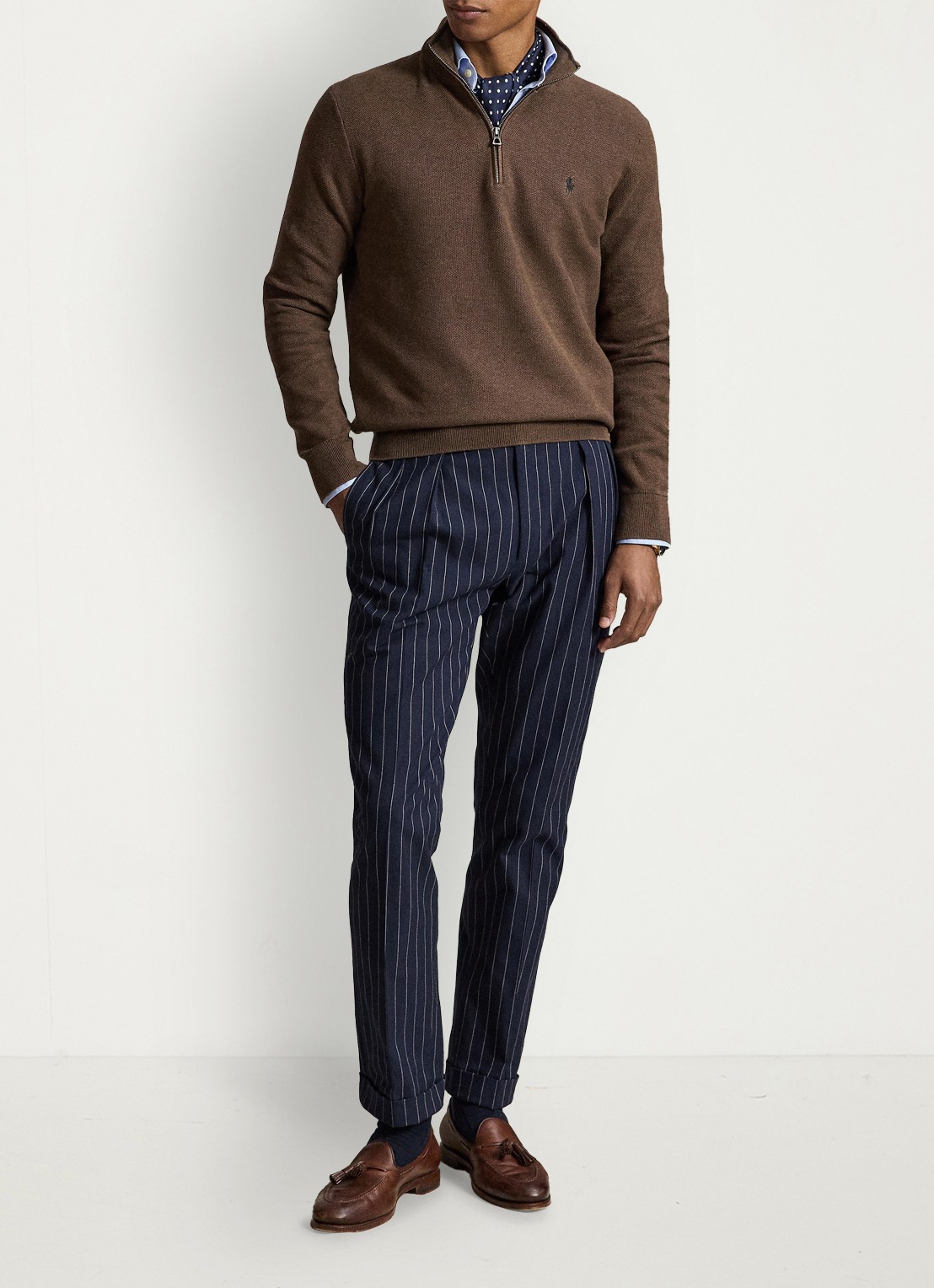 Ralph Lauren Fijngebreide trui met halve rits en logoborduring - voorkant 4 nutmeg brown / bruin