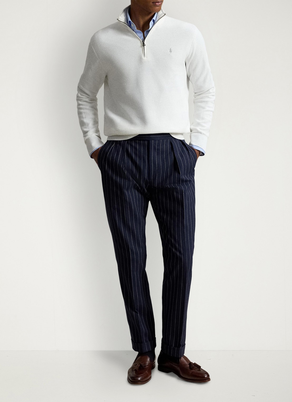 Ralph Lauren Fijngebreide trui met halve rits en logoborduring - detail deckwash white / wit