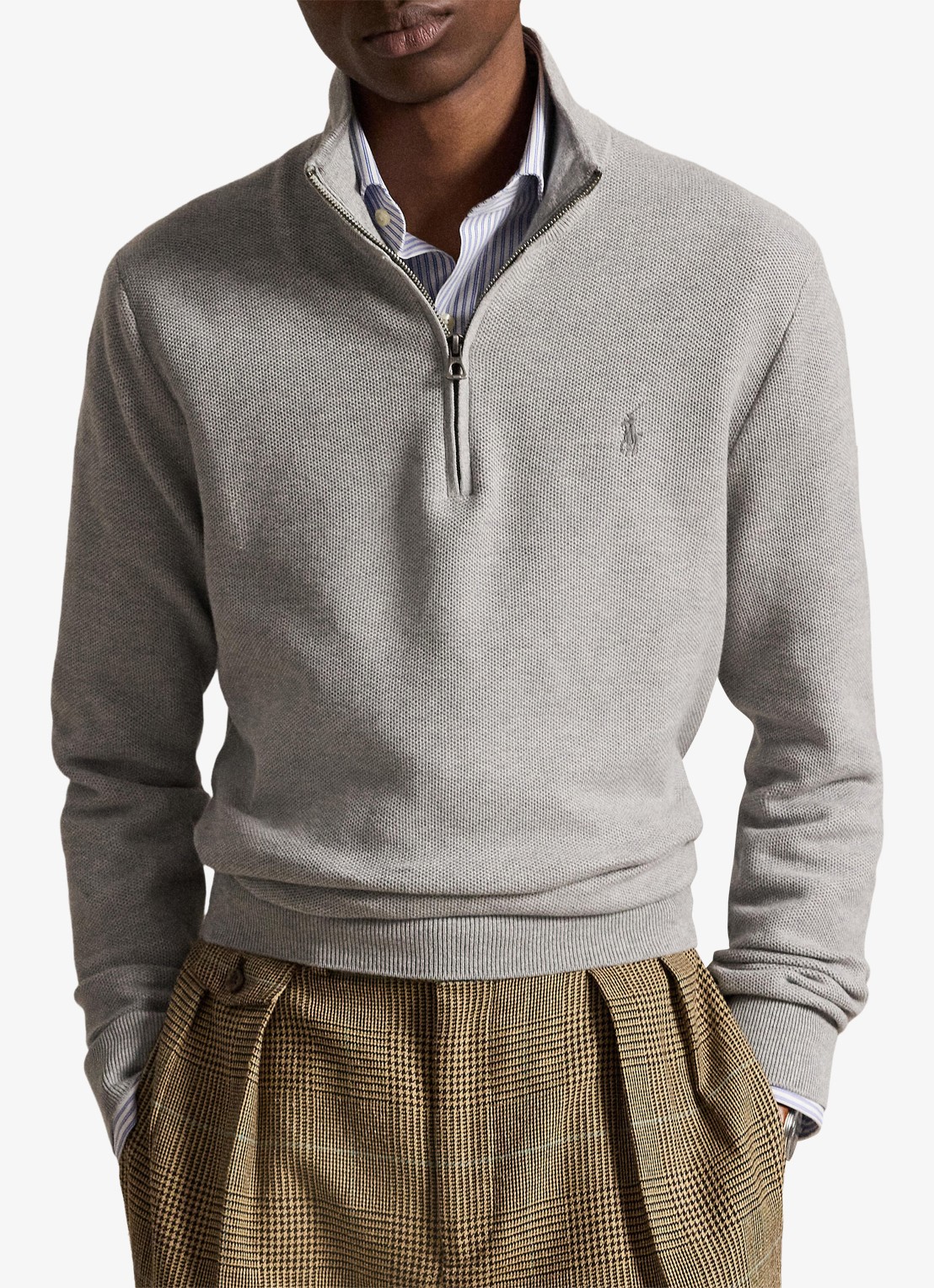 Ralph Lauren Fijngebreide trui met halve rits en logoborduring - voorkant 4 andover heather / grijs