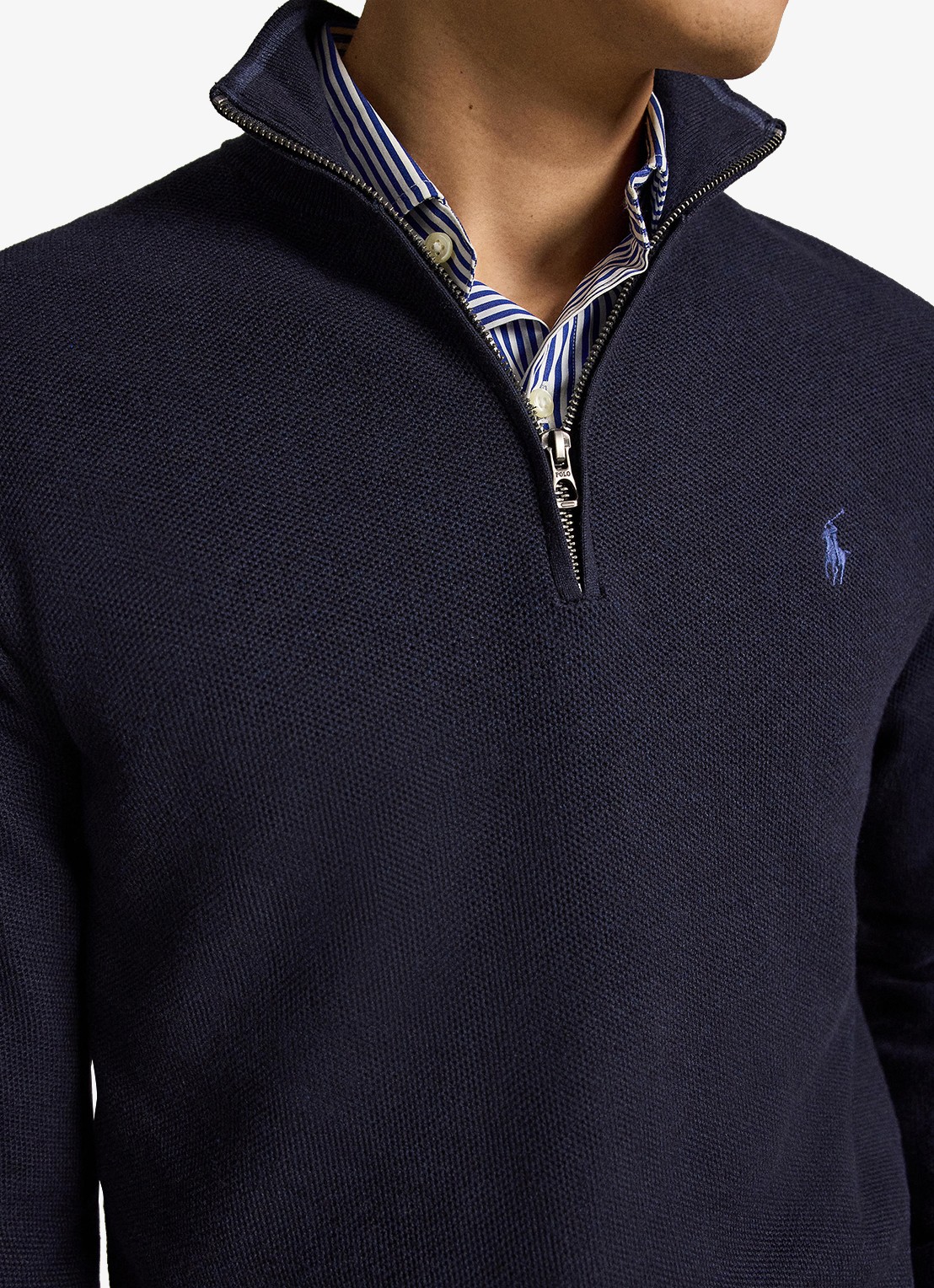 Ralph Lauren Fijngebreide trui met halve rits en logoborduring - detail 3 navy heather / blauw