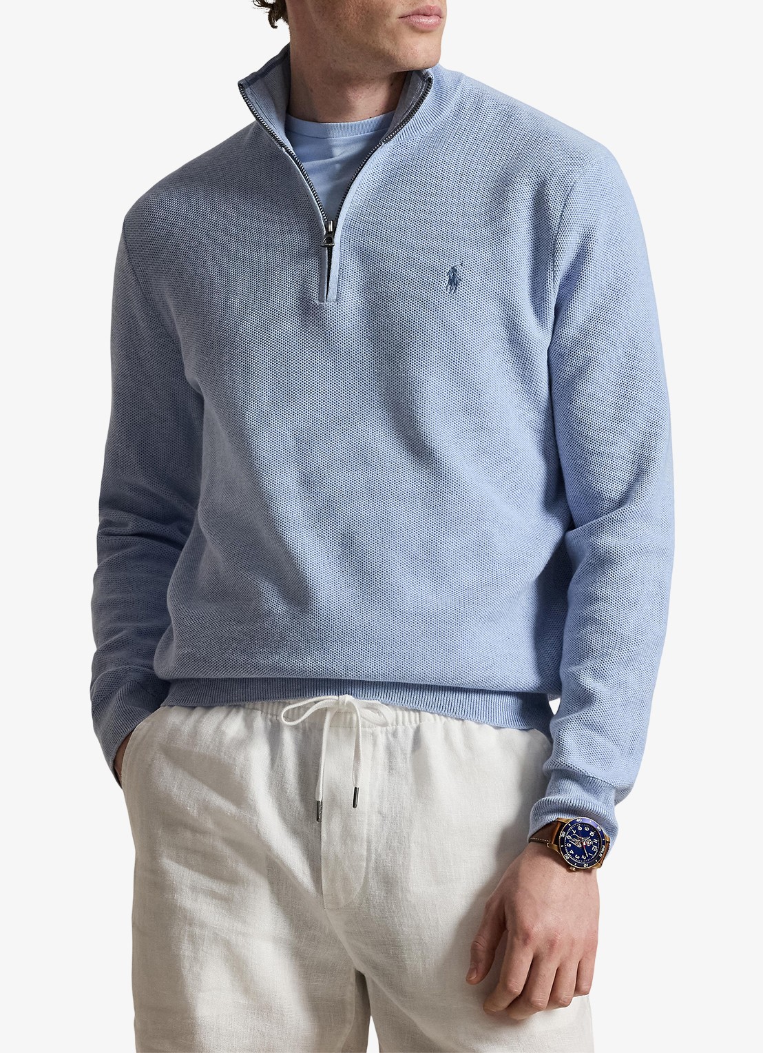 Ralph Lauren Fijngebreide trui met halve rits en logoborduring - detail 4 blue hyacith heather / blauw