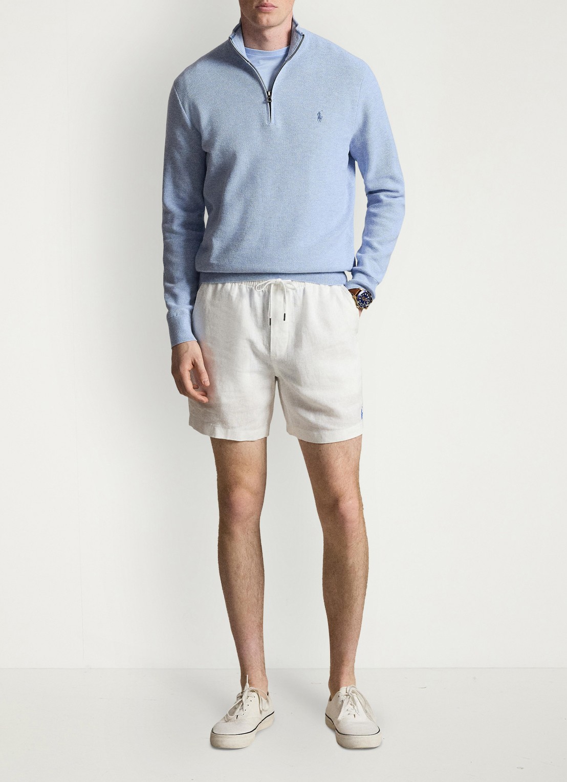 Ralph Lauren Fijngebreide trui met halve rits en logoborduring - voorkant 3 blue hyacith heather / blauw