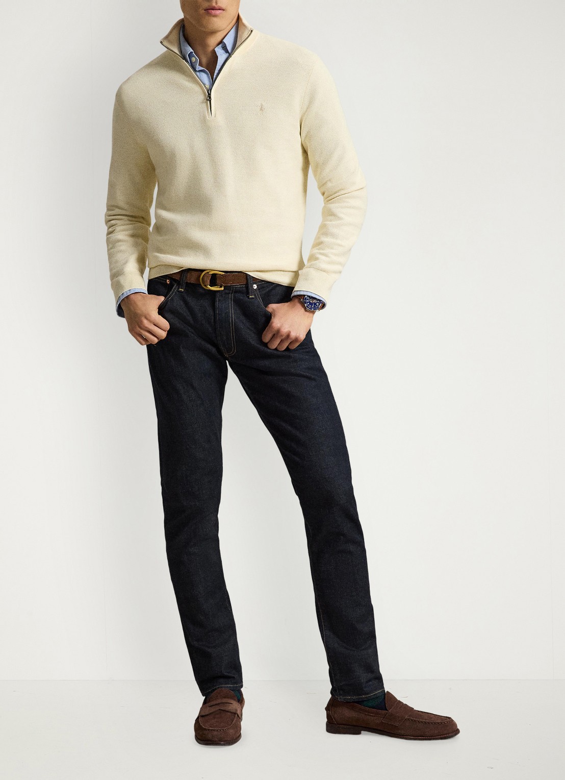 Ralph Lauren Fijngebreide trui met halve rits en logoborduring - detail andover cream / crème