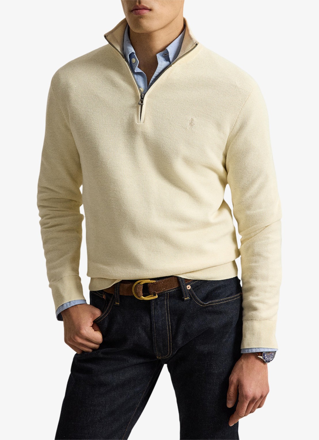 Ralph Lauren Fijngebreide trui met halve rits en logoborduring - voorkant 4 andover cream / crème