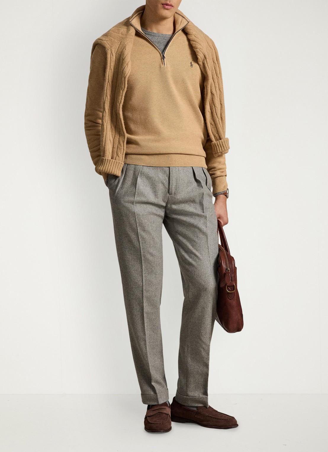 Ralph Lauren Fijngebreide trui met halve rits en logoborduring - detail 4 camel melange / bruin
