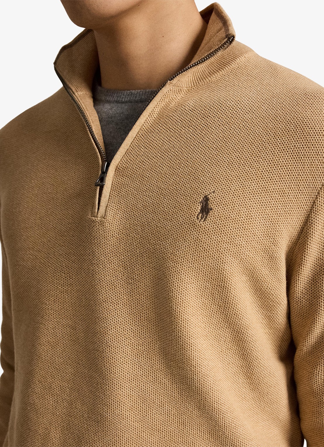 Ralph Lauren Fijngebreide trui met halve rits en logoborduring - detail 5 camel melange / bruin