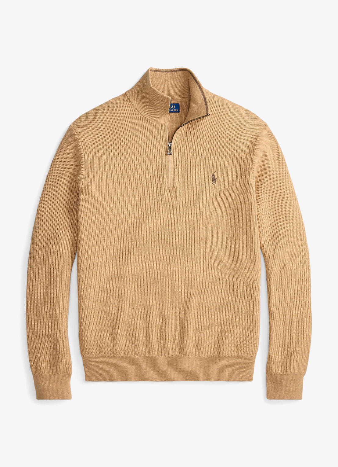 Ralph Lauren Fijngebreide trui met halve rits en logoborduring - voorkant camel melange / bruin