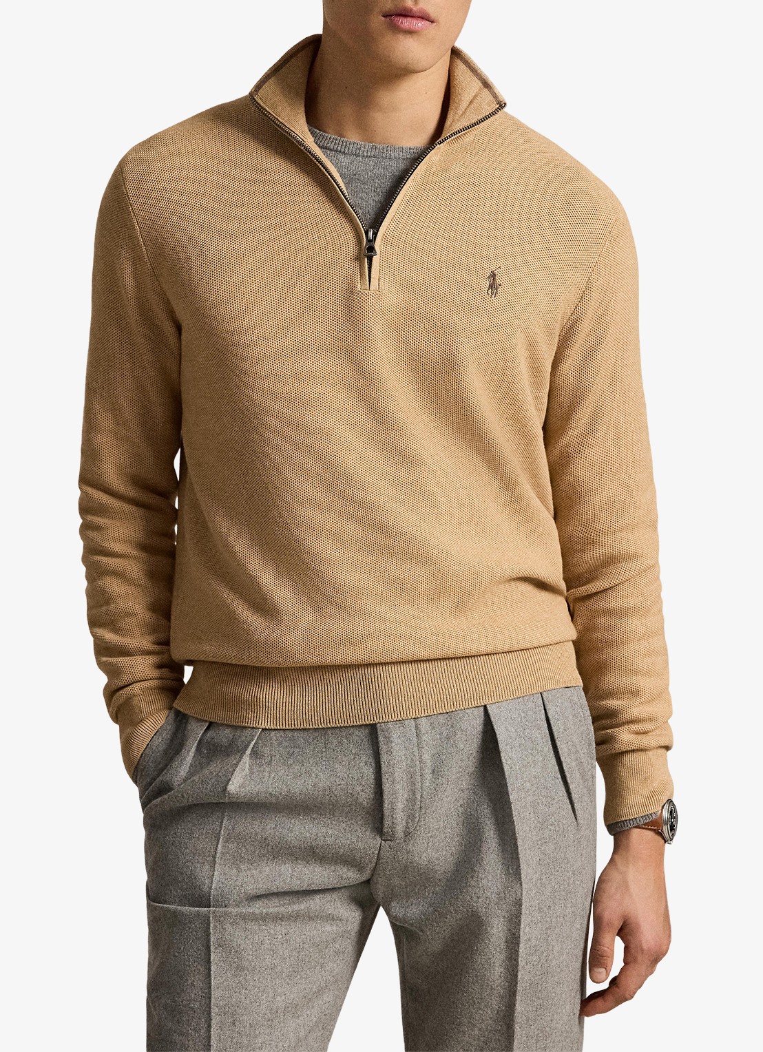 Ralph Lauren Fijngebreide trui met halve rits en logoborduring - voorkant 2 camel melange / bruin