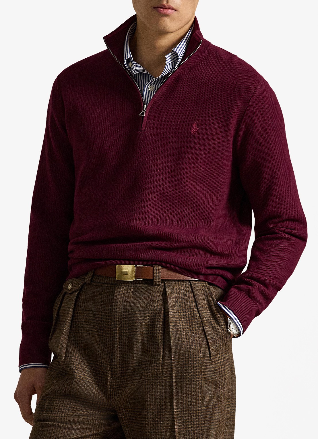Ralph Lauren Fijngebreide trui met halve rits en logoborduring - voorkant 5 merlot wine heather / rood