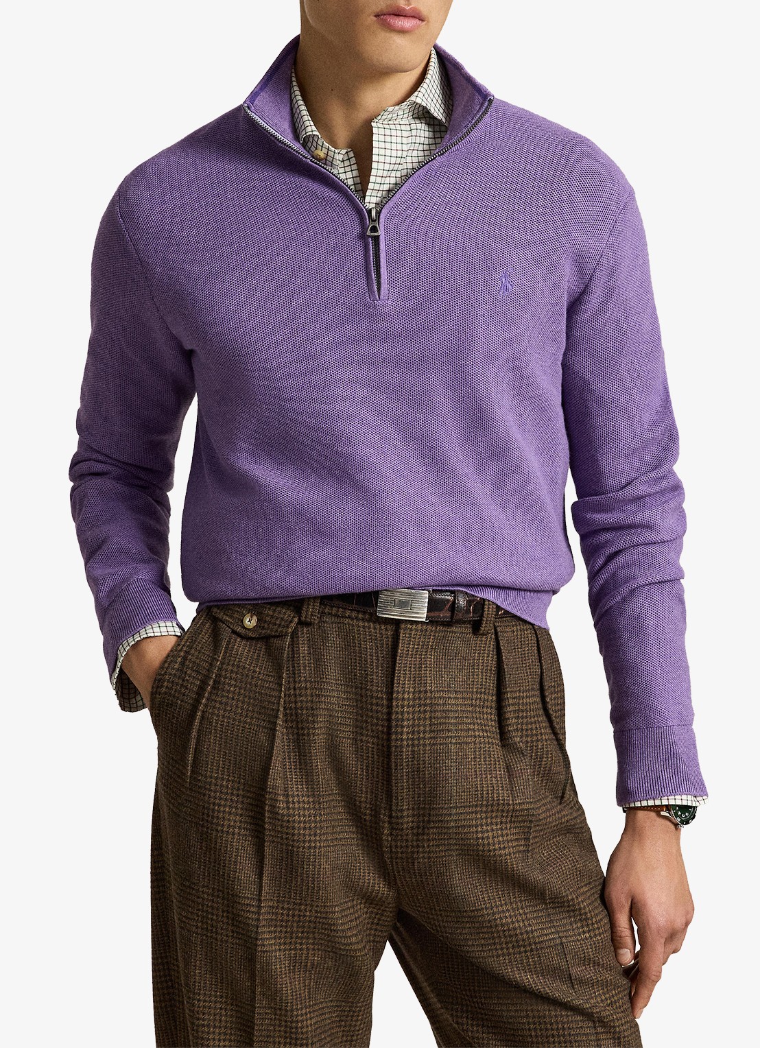 Ralph Lauren Fijngebreide trui met halve rits en logoborduring - voorkant 5 light coronet purple heather / lichtpaars