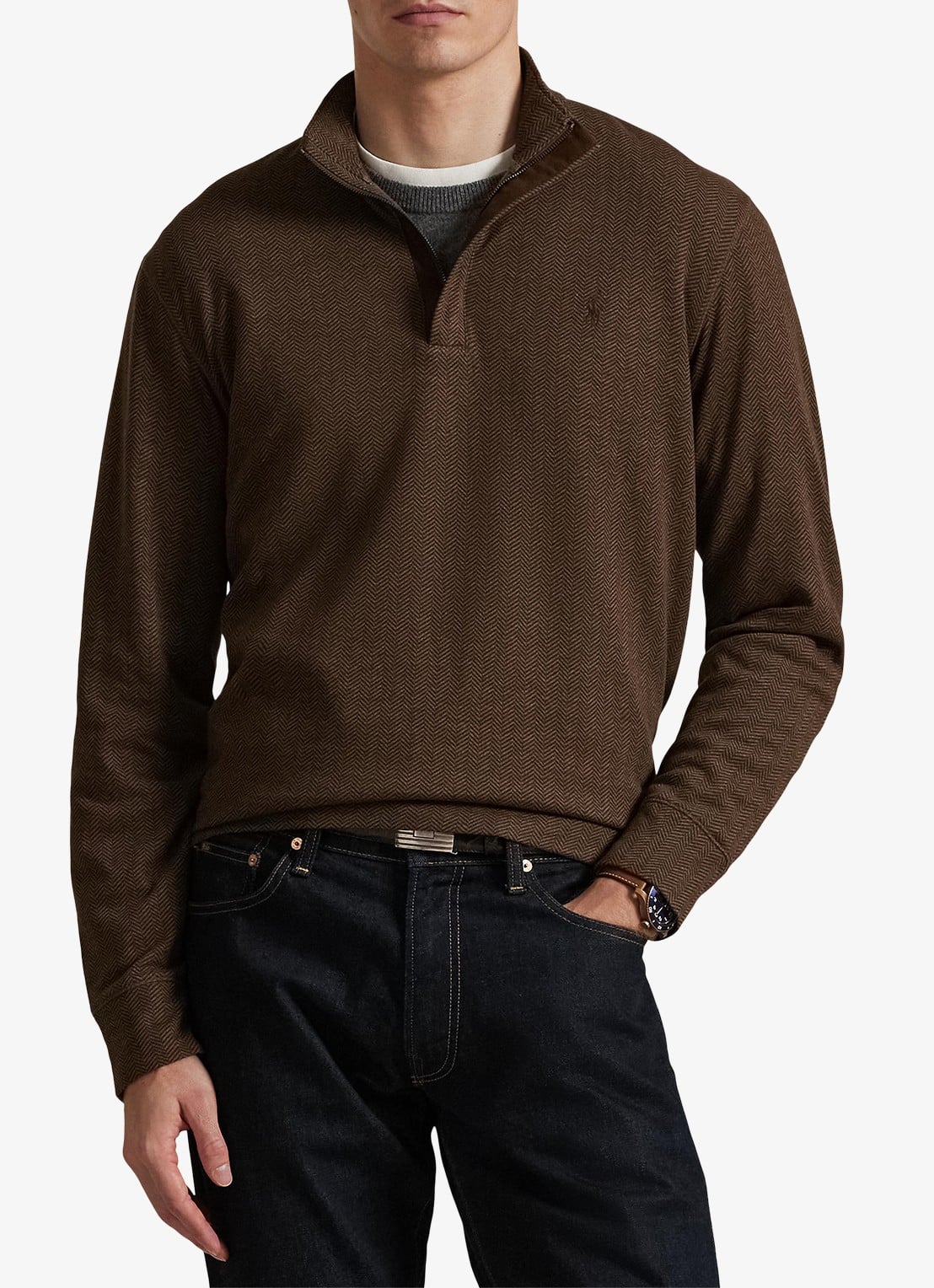 Ralph Lauren Fijngebreide trui met halve rits en visgraatdessin - detail 4 cedar herringbone / donkerbruin